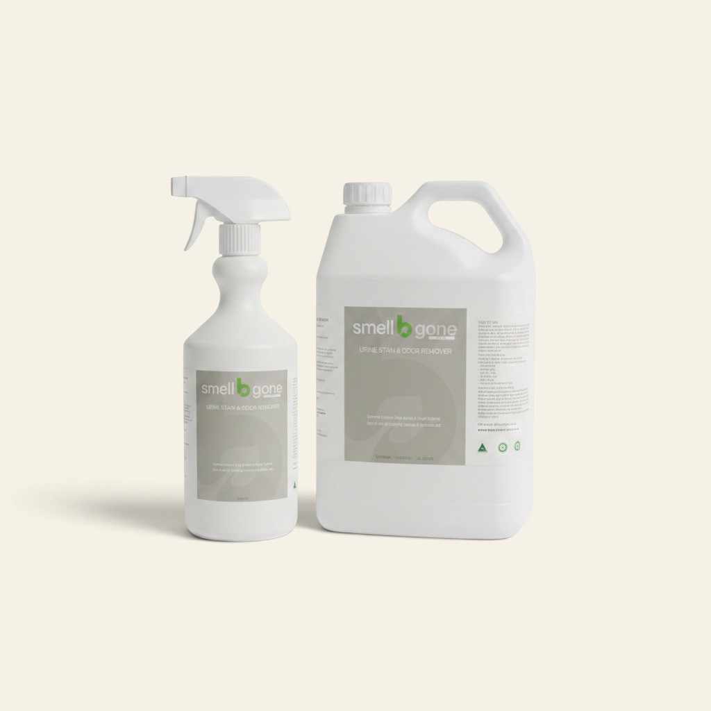 smellBgone PLUS+ refill bundle featuring a 750ml trigger spray bottle and a 5L container for pet stain removal.