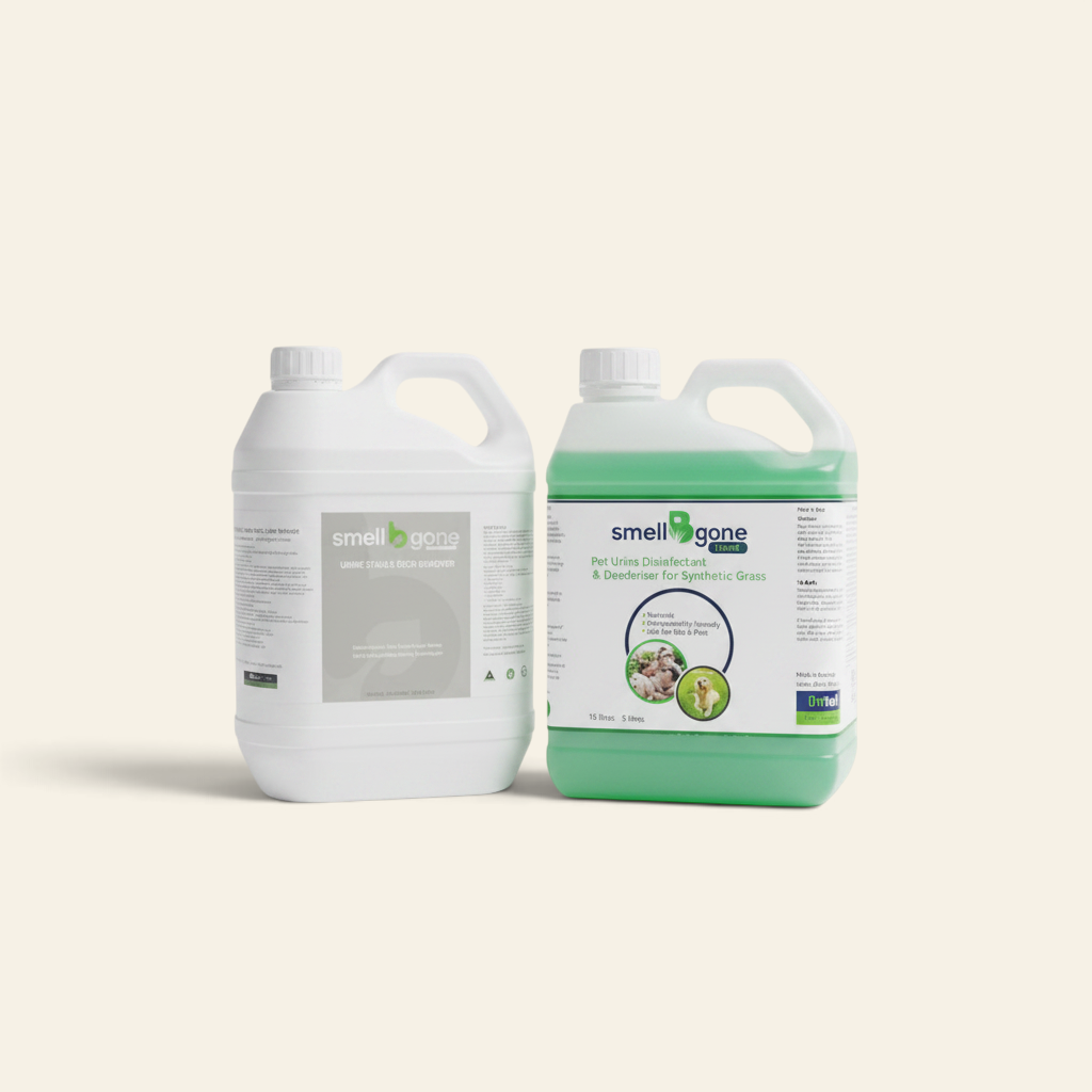 smellBgone 5L bundle featuring PLUS+ organic odour remover and SYNTURF concentrated pet urine disinfectant for turf