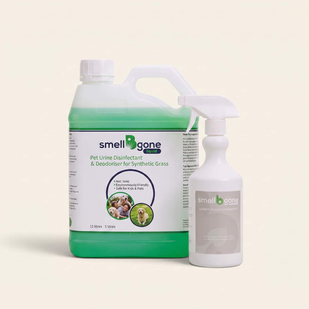 smellBgone indoor and outdoor pet odour enzyme cleaner bundle including a 5L green concentrate and 750ml spray bottle