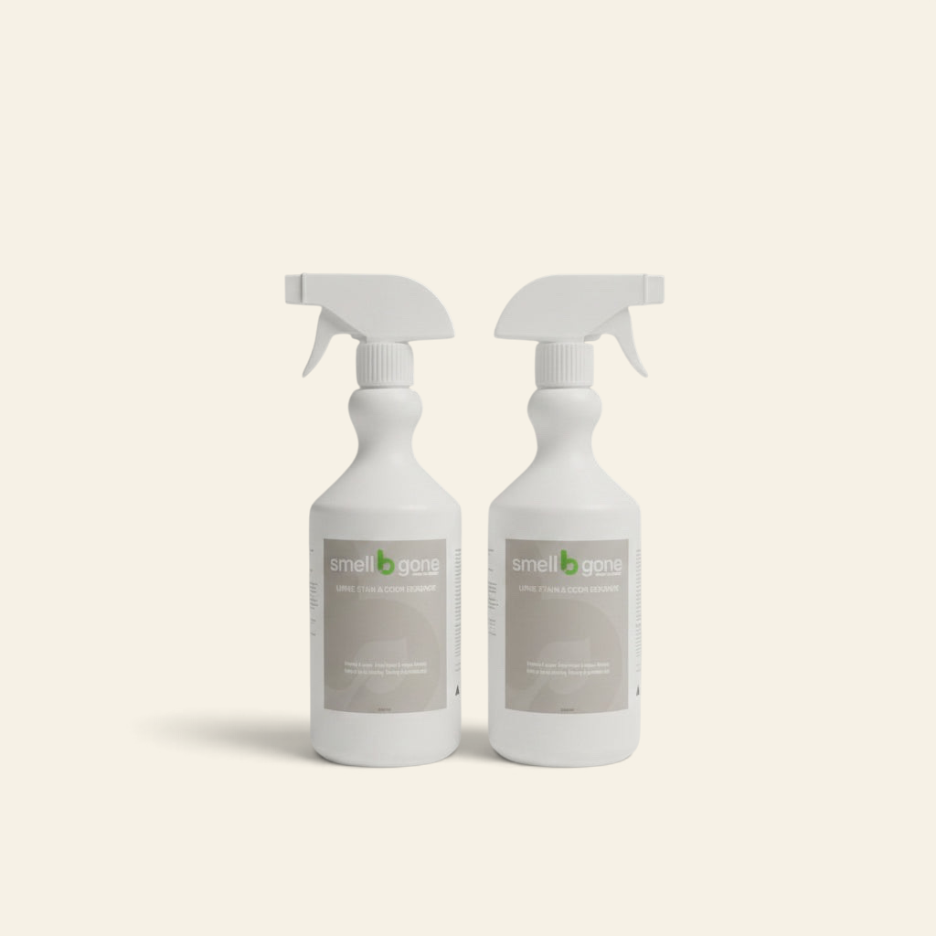 Two 750ml smellBgone PLUS+ plant-enzyme pet odour and stain remover spray bottles in a twin pack bundle