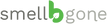 The image shows the text smellbgone in a modern font. The letter b is green, larger, and stylized with a white leaf inside, while the other letters are gray.