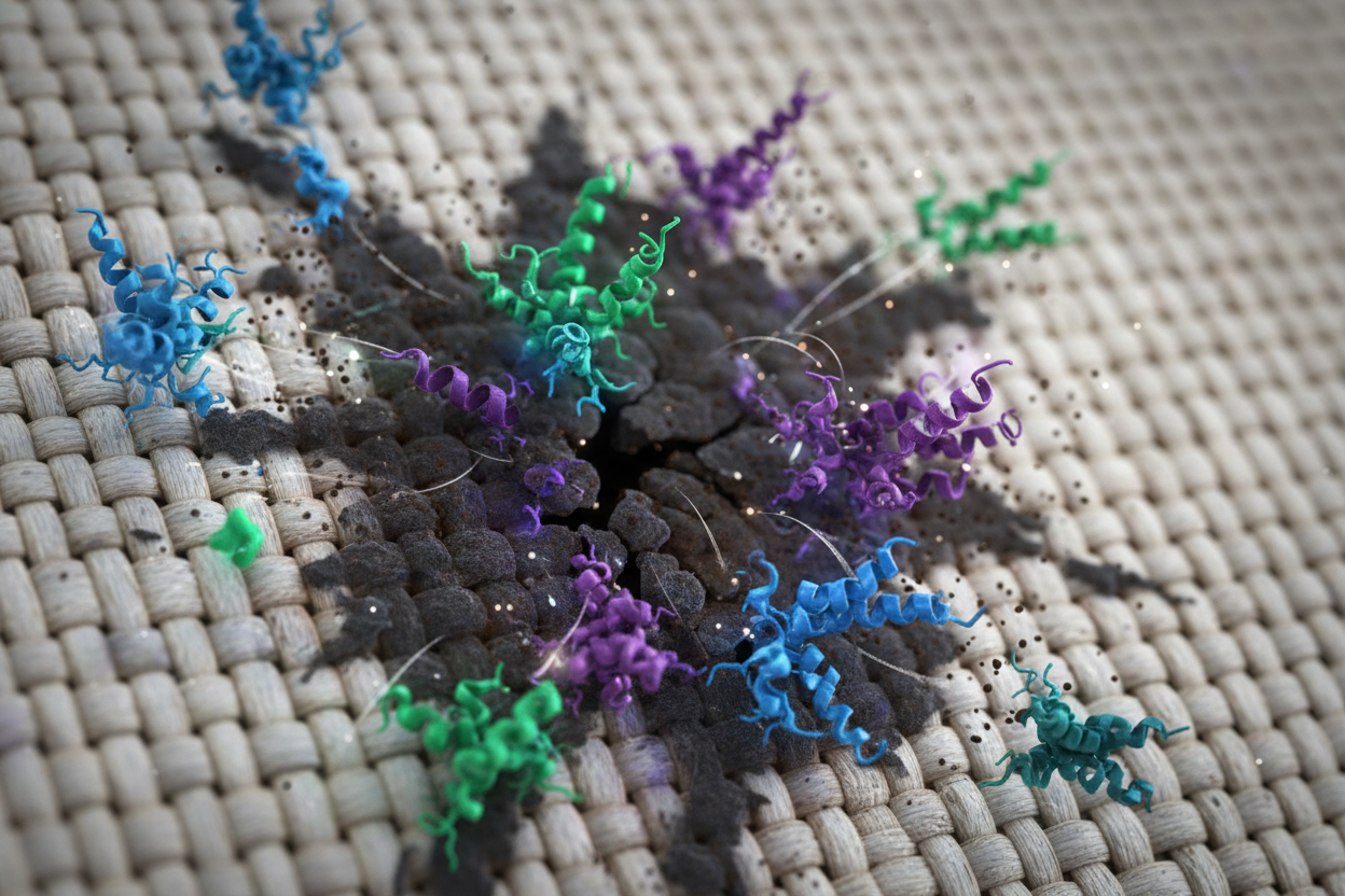 A woven beige fabric is burnt in the center, with colorful, spiral-shaped protein structures in green, blue, and purple emerging from the charred hole. Thin lines connect the proteins to the burnt area.