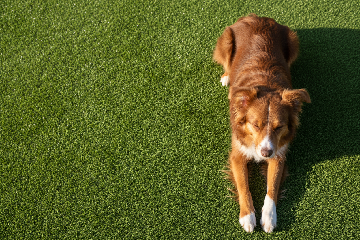 an auburn/deep red-brown border collie lying straight on fake grass (paws in front) in the sun - taken from top down perspective - composition in such a way where theres plenty of space on the LHS for a logo and text as the website hero image 
