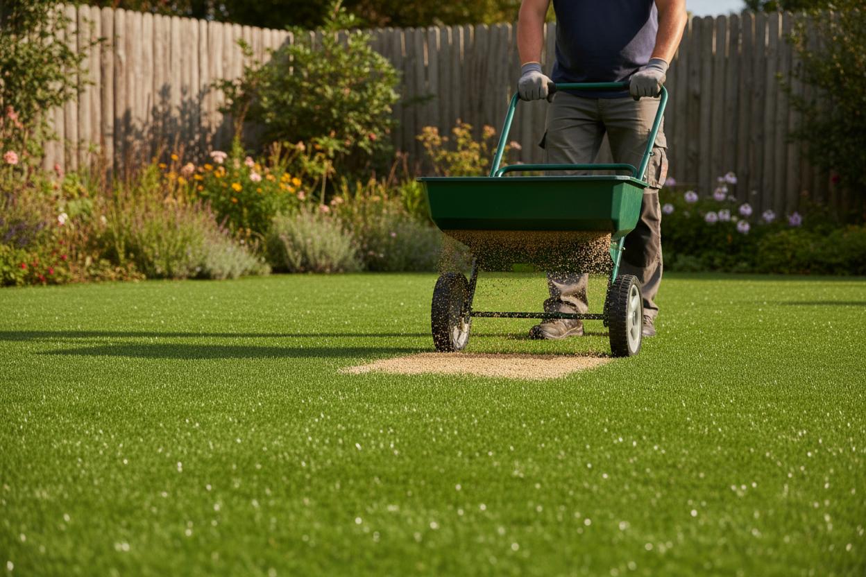 Person pushing a green wheelbarrow across a grassy area with a garden in the background.
