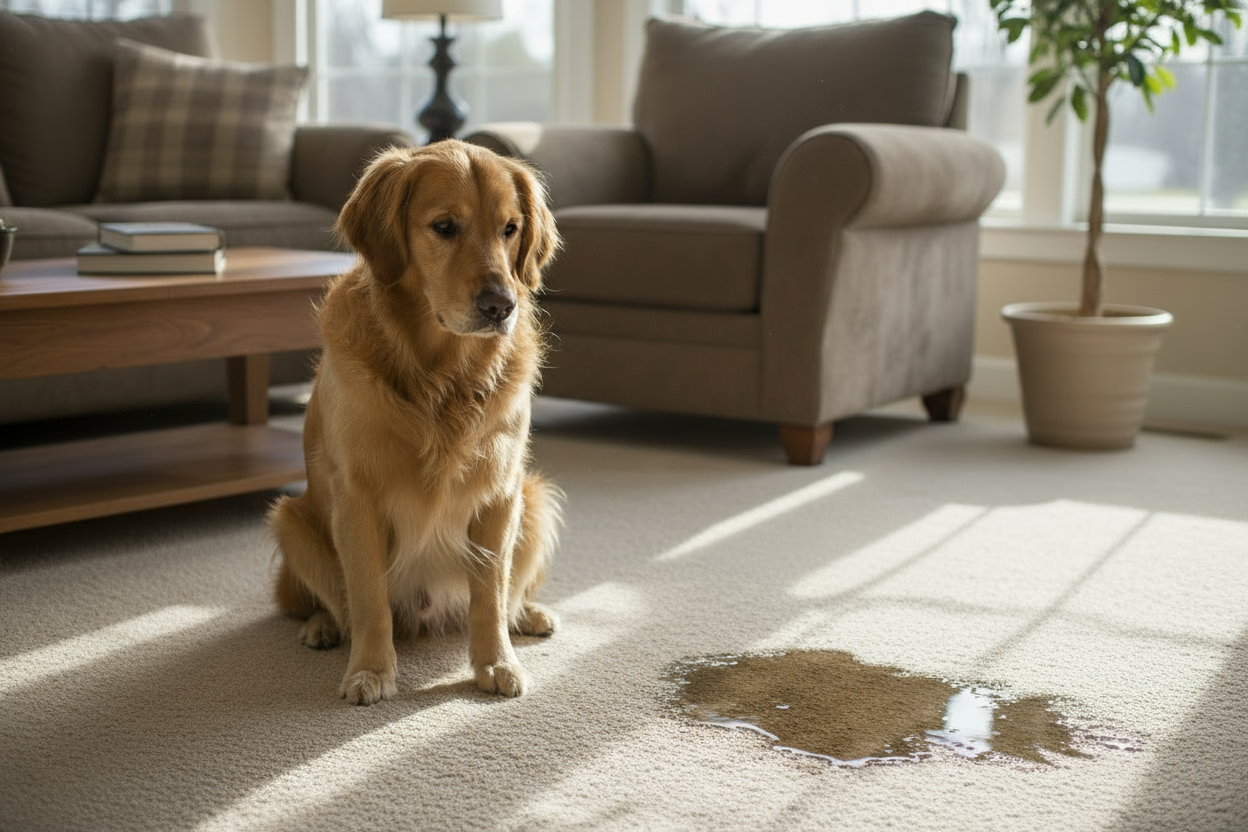 Dog sitting on a carpet with a water stain in a living room.