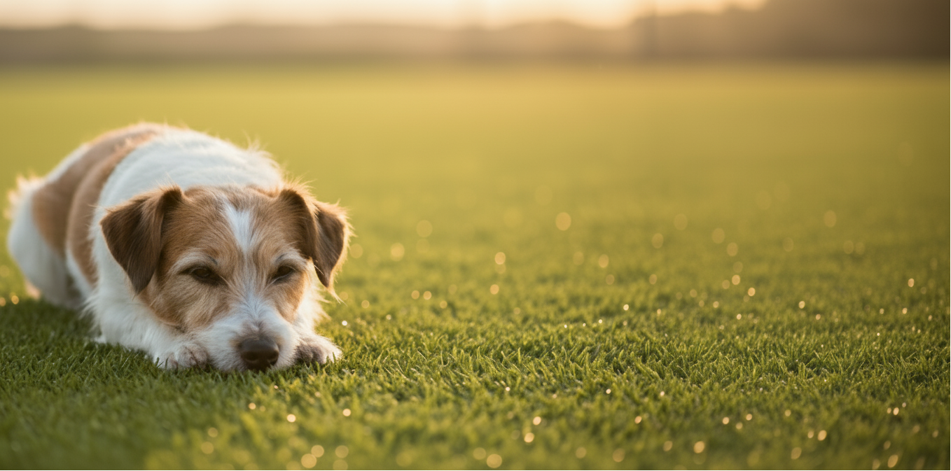 Dog lying on a grassy field with a blurred background