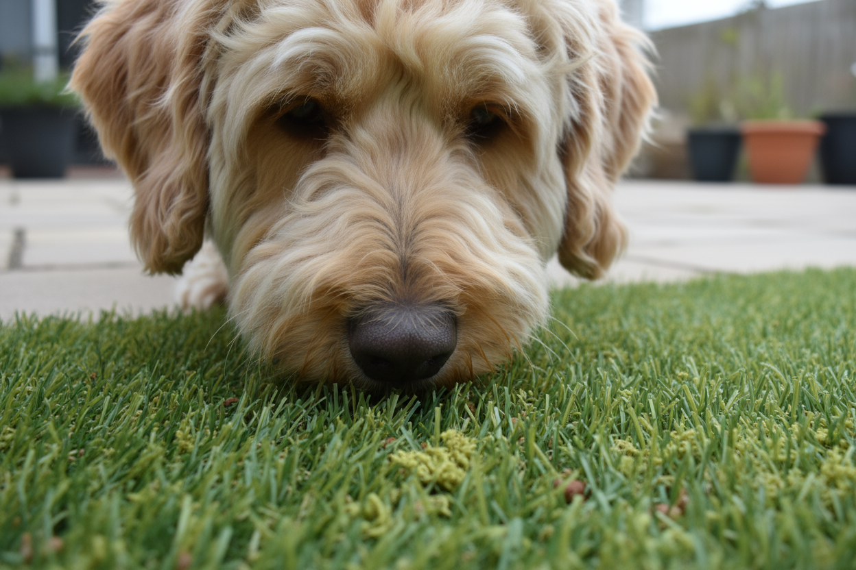 A fluffy, light brown dog with curly fur is lying on green artificial grass, close to the camera, with its nose almost touching the ground. Paved patio tiles and plant pots are visible in the blurred background.