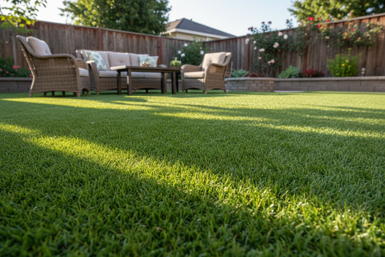 Backyard with green grass, outdoor furniture, and a wooden fence.