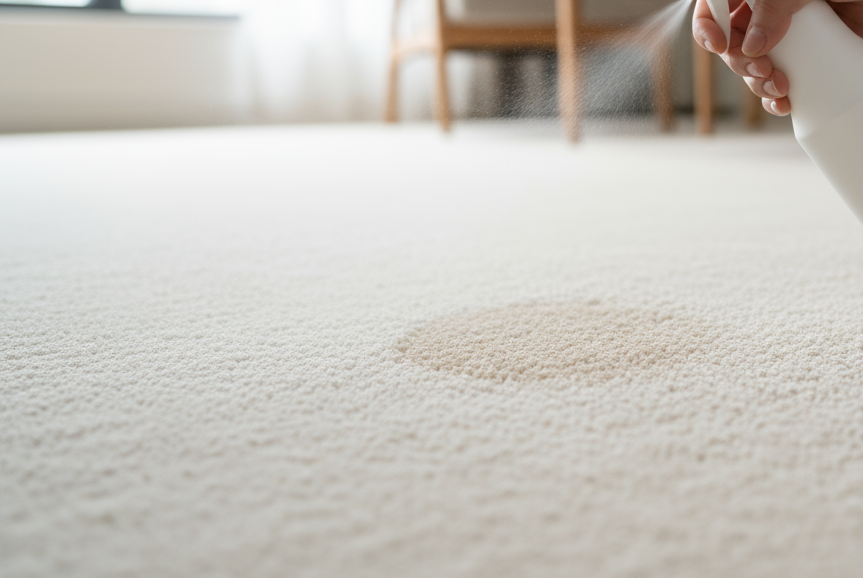 A hand sprays cleaner onto a stained spot on a light-colored carpet, with a chair and window blurred in the background.